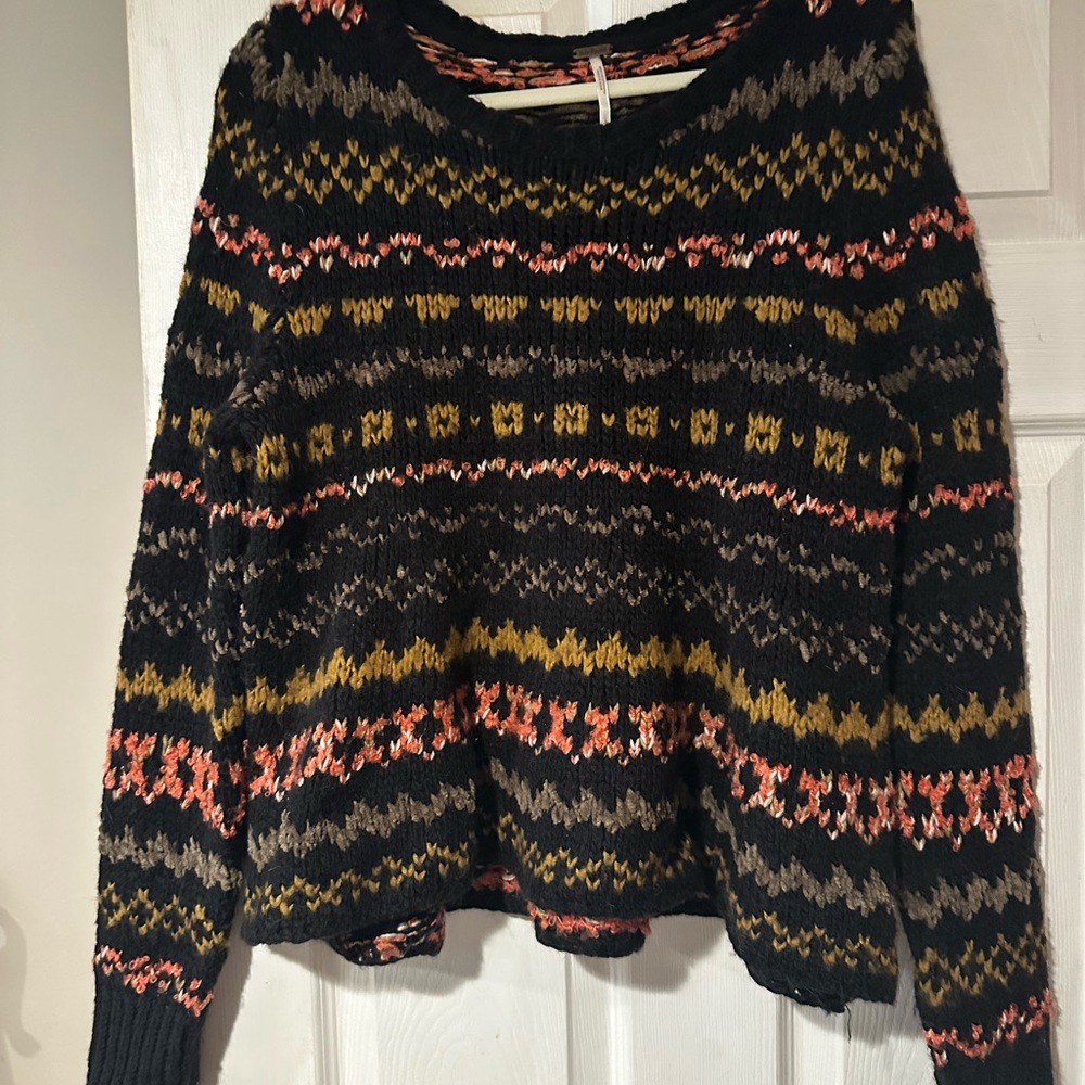 Free People Black and Yellow Fair Isle Crew Neck Sweater